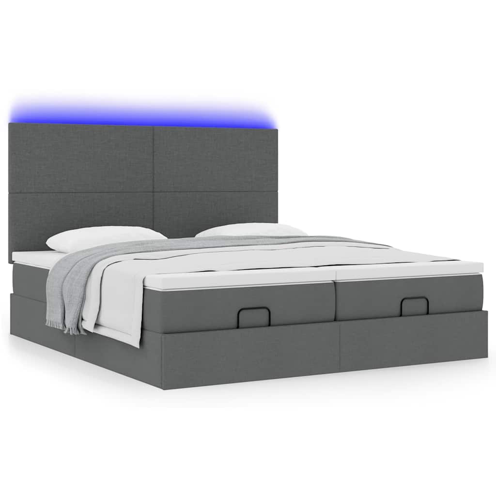 Lit ottoman avec matelas et LED tissu gris foncé 200x200 cm