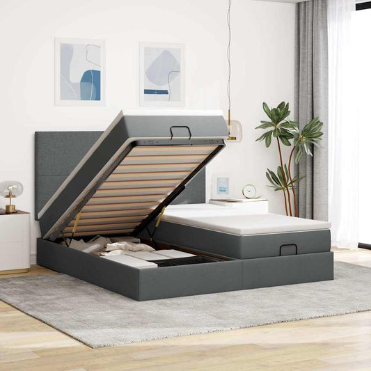 Lit ottoman avec matelas et LED tissu gris foncé 200x200 cm