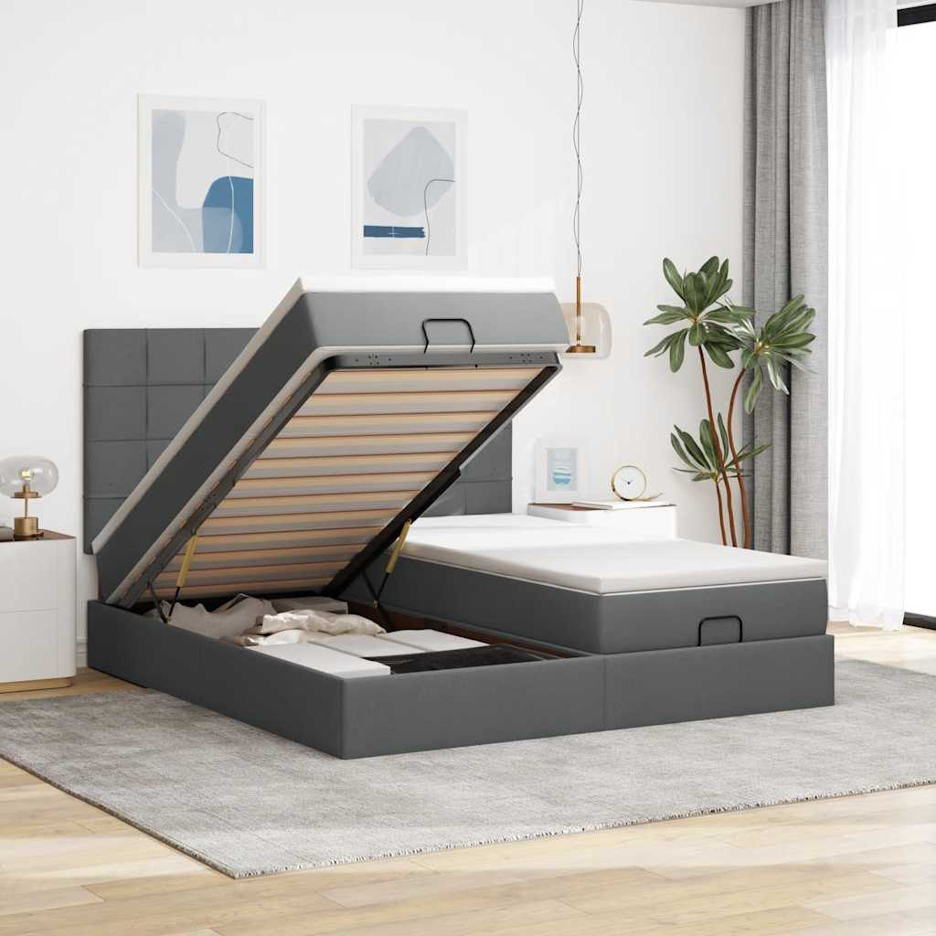 Ottoman-Bett mit Matratzen & LEDs Dunkelgrau 160x200 cm Stoff