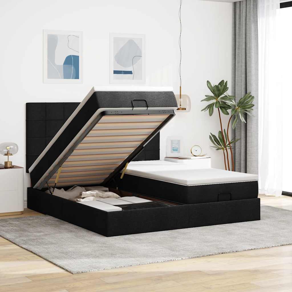 Lit ottoman avec matelas et LED Tissu noir 180x200 cm