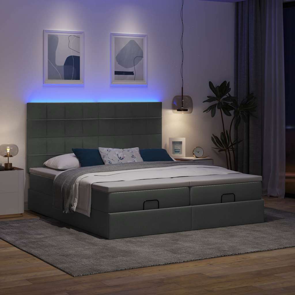 Ottoman-Bett mit Matratzen & LEDs Dunkelgrau 200x200 cm Stoff