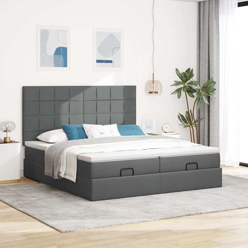 Lit ottoman avec matelas et LED tissu gris foncé 200x200 cm