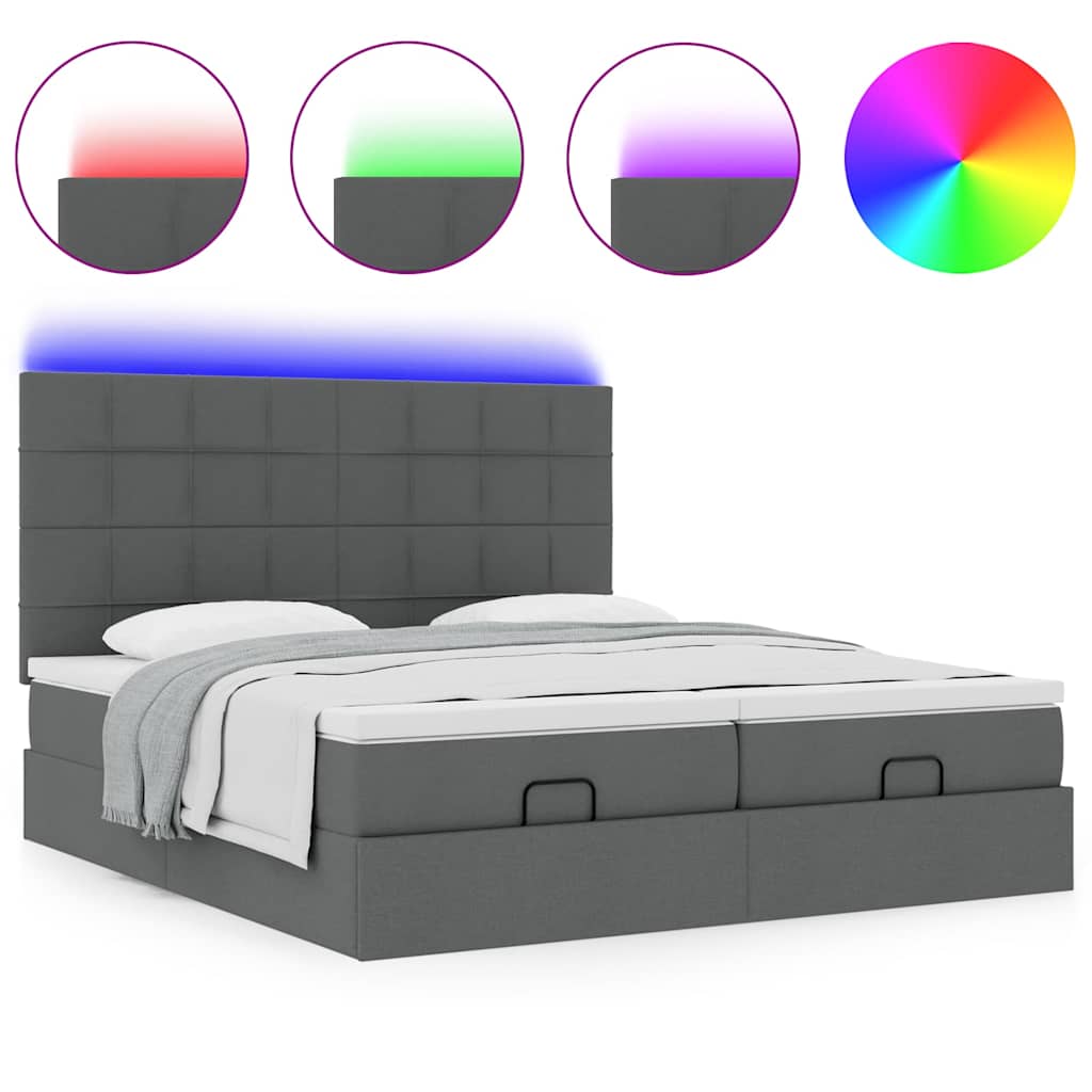 Lit ottoman avec matelas et LED tissu gris foncé 200x200 cm