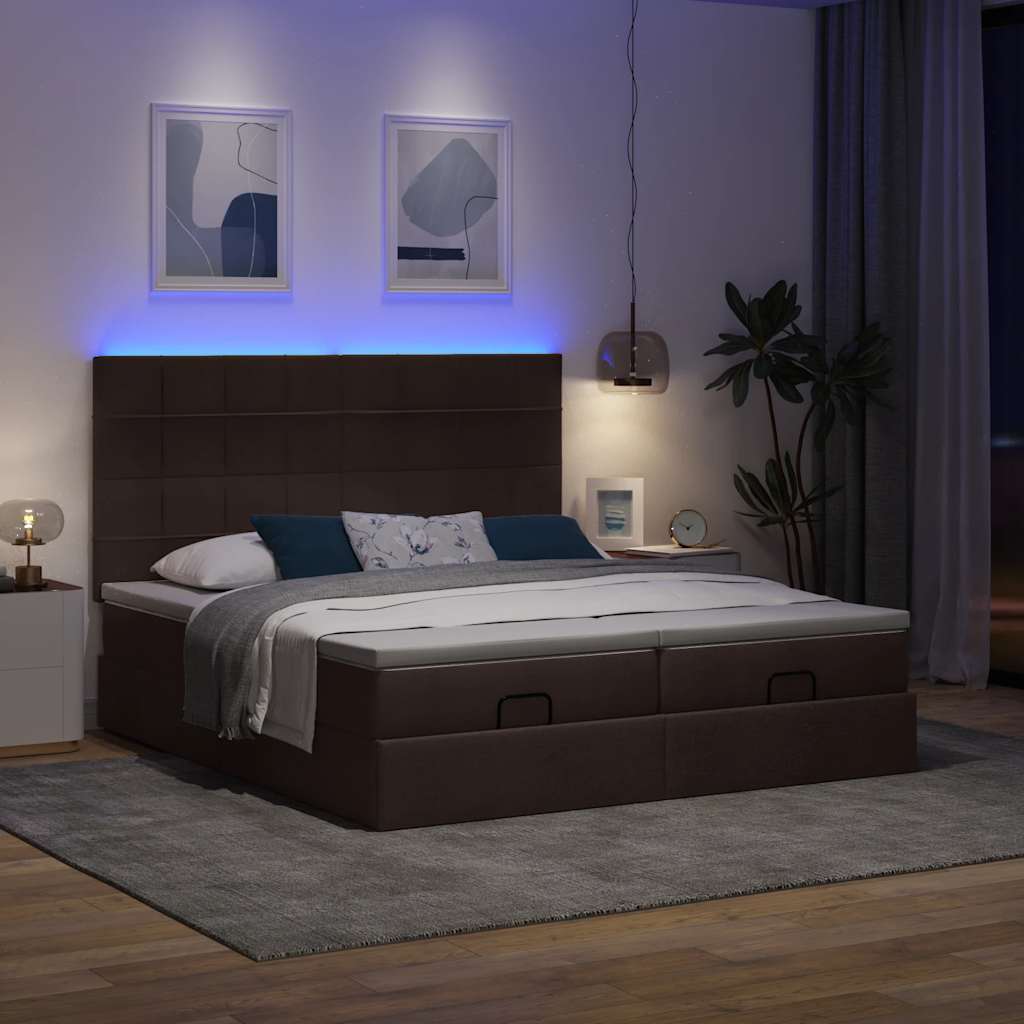 Ottoman bed with mattresses &amp; LEDs dark brown 200x200 cm fabric