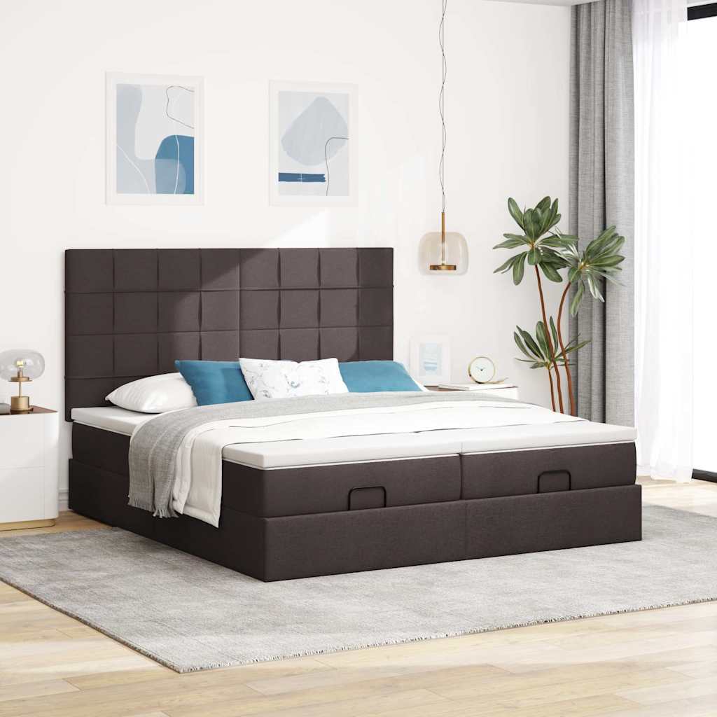 Ottoman bed with mattresses &amp; LEDs dark brown 200x200 cm fabric