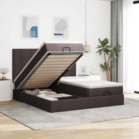 Ottoman-Bett mit Matratzen & LEDs Dunkelbraun 200x200 cm Stoff