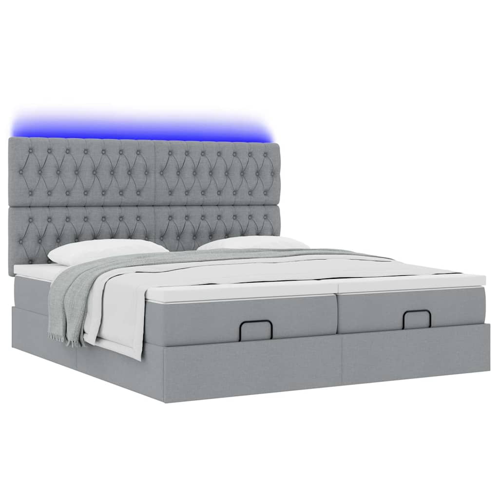 Ottoman-Bett mit Matratzen & LEDs Hellgrau 200x200 cm Stoff