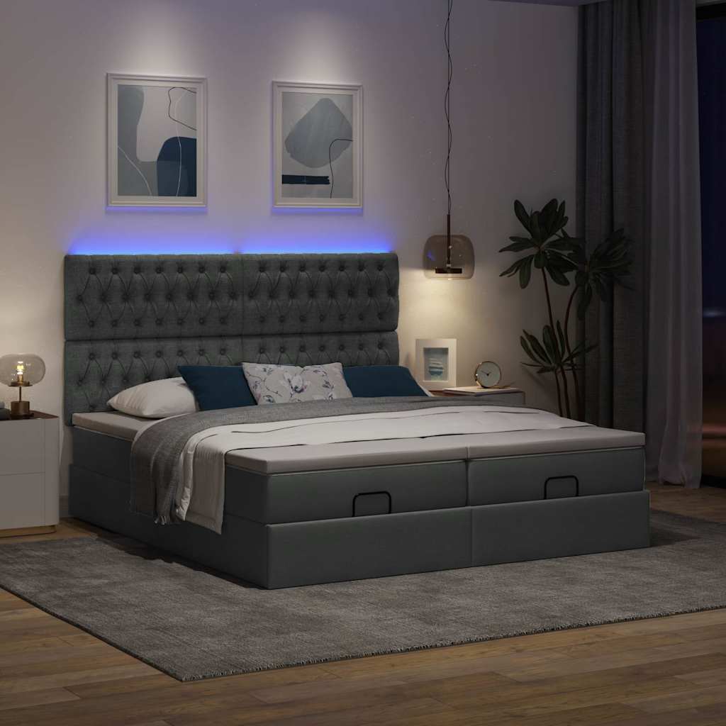 Lit ottoman avec matelas et LED tissu gris foncé 200x200 cm