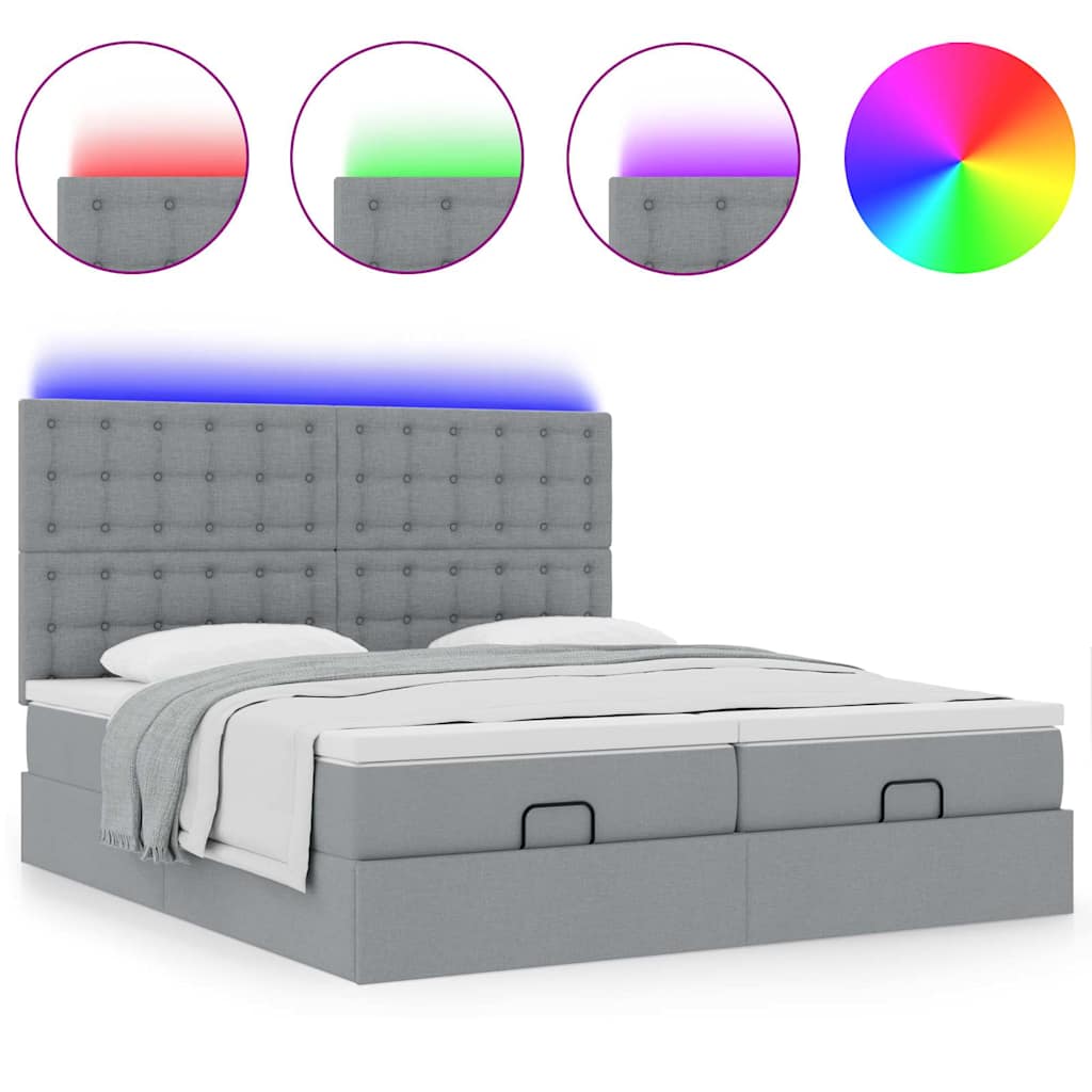 Ottoman-Bett mit Matratzen & LEDs Hellgrau 200x200 cm Stoff