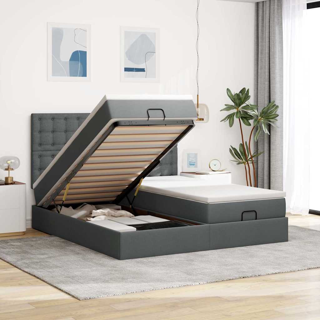 Ottoman-Bett mit Matratzen & LEDs Dunkelgrau 200x200 cm Stoff
