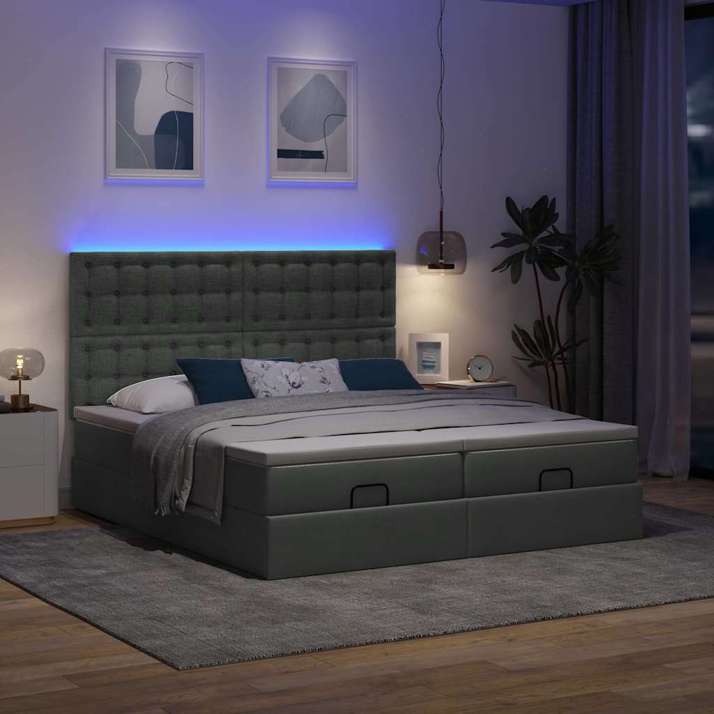 Ottoman-Bett mit Matratzen & LEDs Dunkelgrau 200x200 cm Stoff