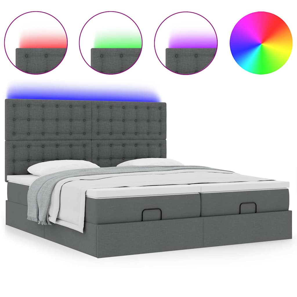Ottoman-Bett mit Matratzen & LEDs Dunkelgrau 200x200 cm Stoff