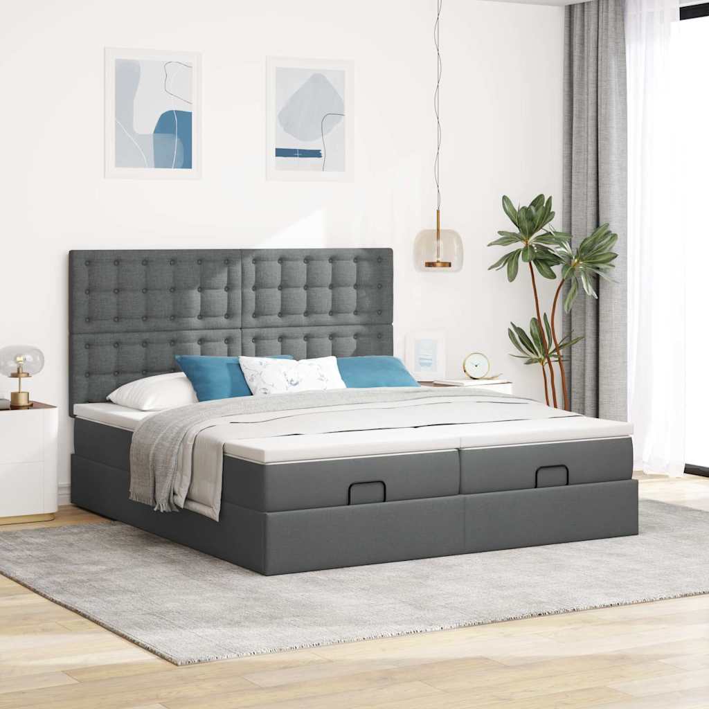 Ottoman-Bett mit Matratzen & LEDs Dunkelgrau 200x200 cm Stoff