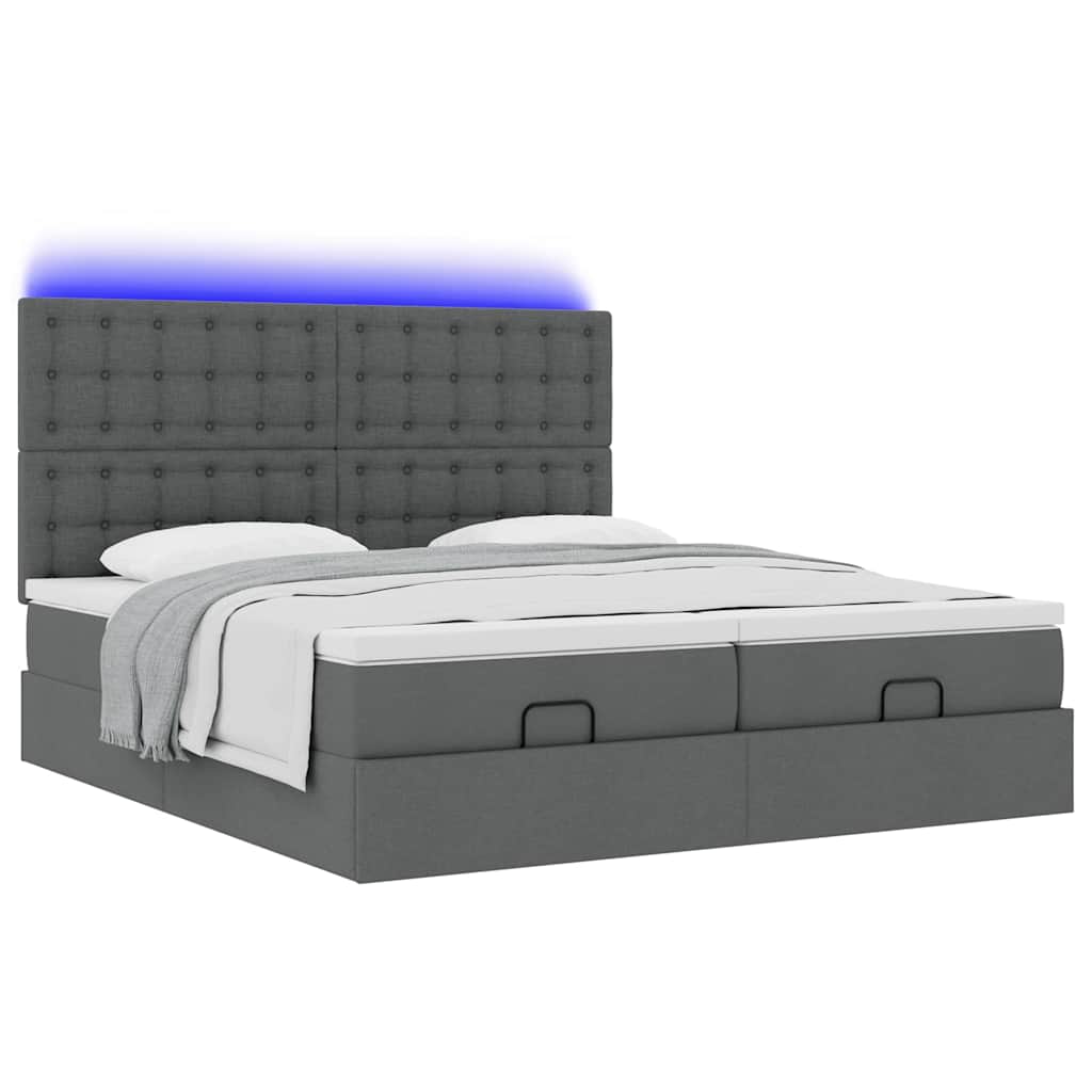 Ottoman-Bett mit Matratzen & LEDs Dunkelgrau 200x200 cm Stoff