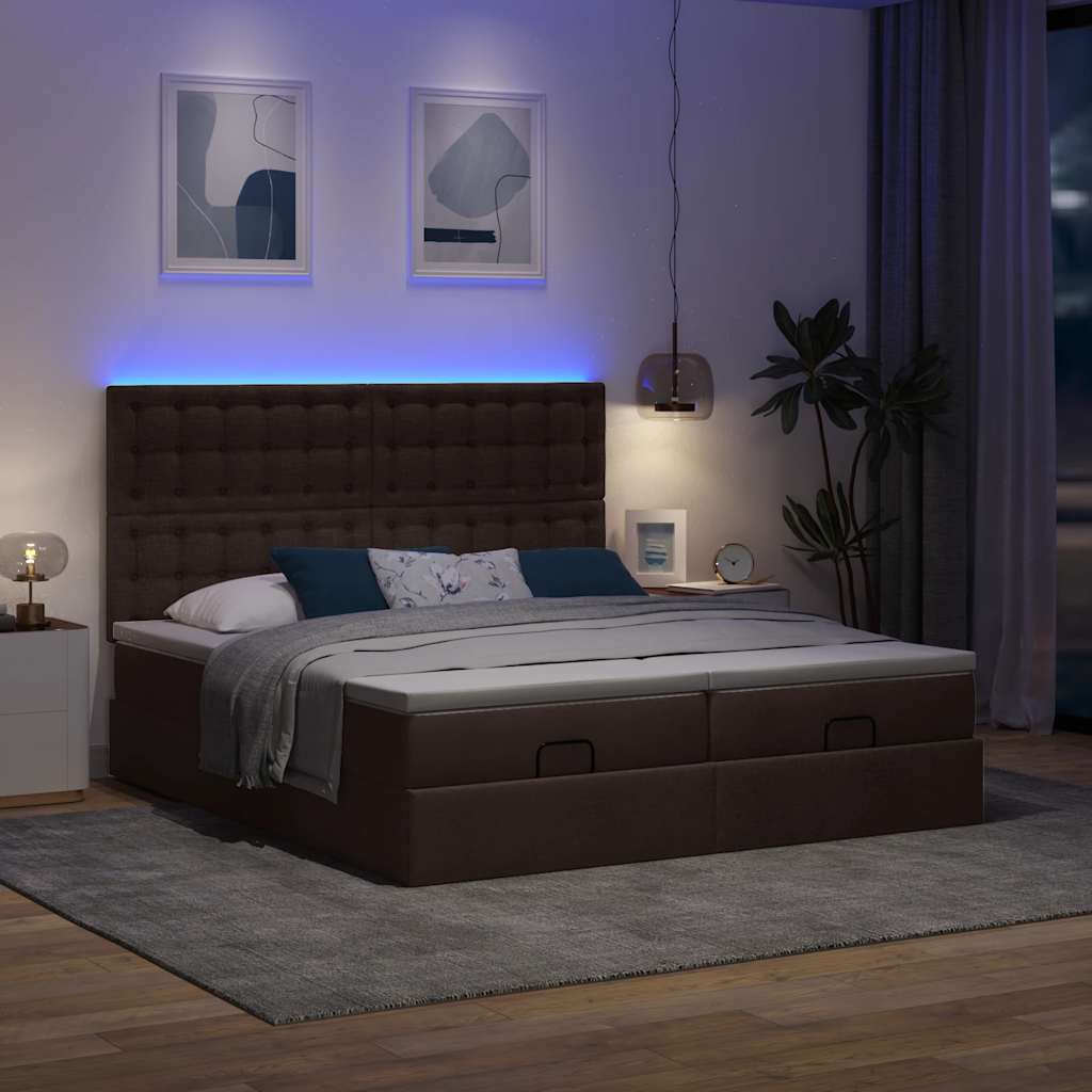 Ottoman-Bett mit Matratzen & LEDs Dunkelbraun 200x200 cm Stoff