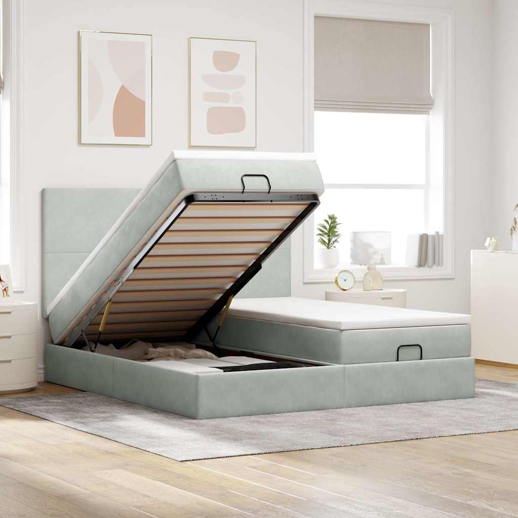 Ottoman-Bett mit Matratzen & LEDs Hellgrau 160x200 cm Samt