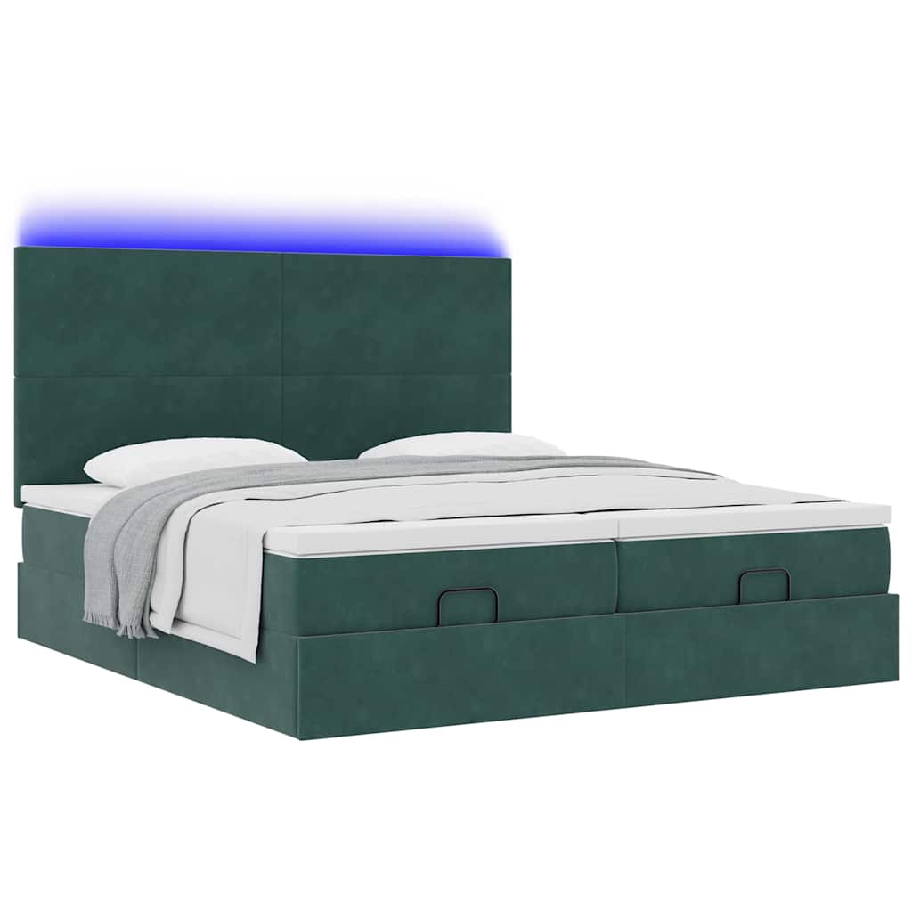 Ottoman-Bett mit Matratzen & LEDs Dunkelgrün 180x200 cm Samt