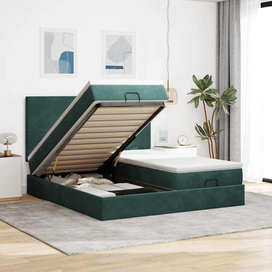 Ottoman-Bett mit Matratzen & LEDs Dunkelgrün 180x200 cm Samt