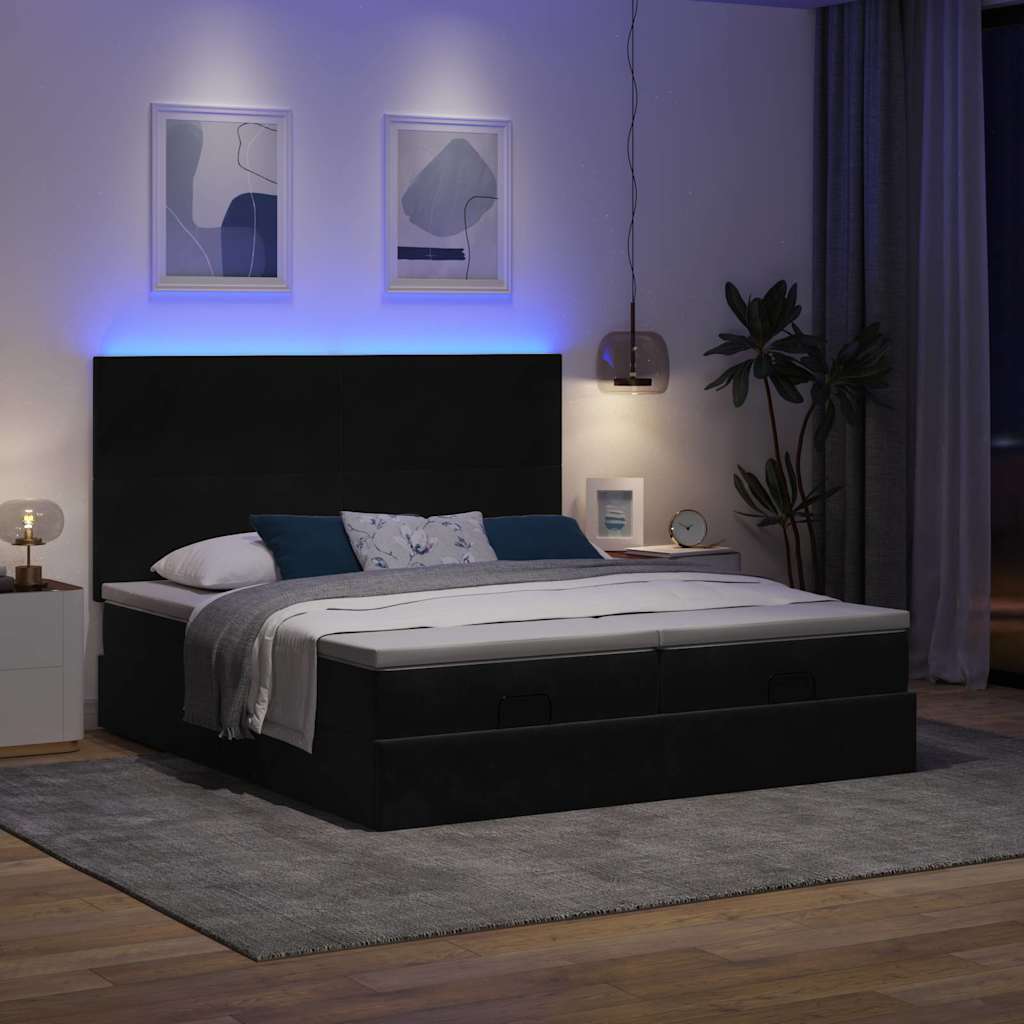 Ottoman-Bett mit Matratzen & LEDs Schwarz 200x200 cm Samt