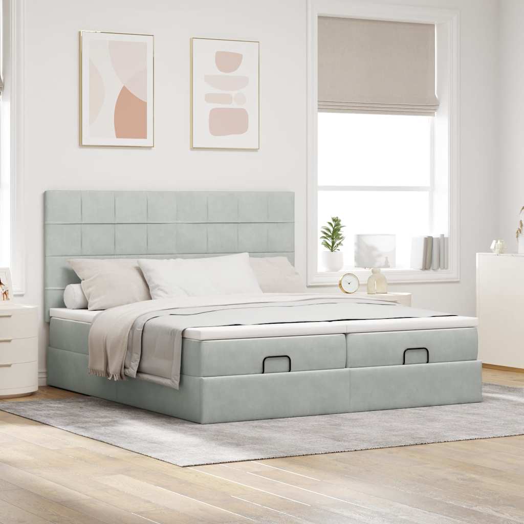 Ottoman-Bett mit Matratzen & LEDs Hellgrau 160x200 cm Samt