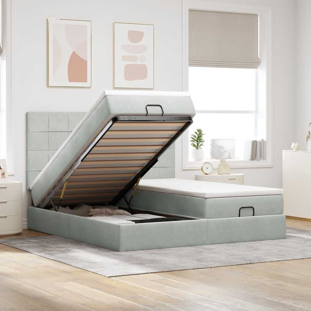 Ottoman-Bett mit Matratzen & LEDs Hellgrau 160x200 cm Samt