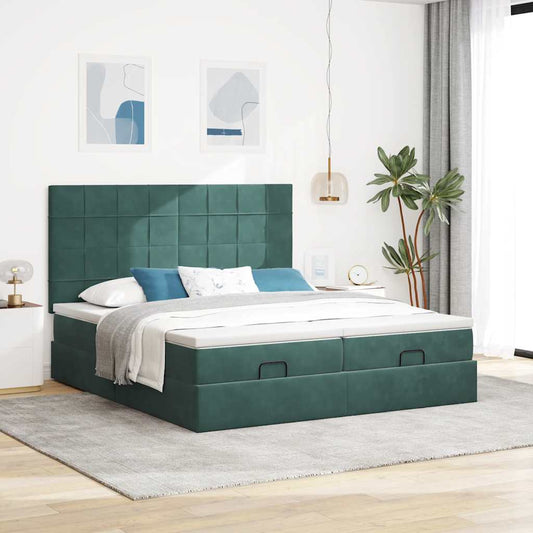 Ottoman-Bett mit Matratzen & LEDs Dunkelgrün 180x200 cm Samt