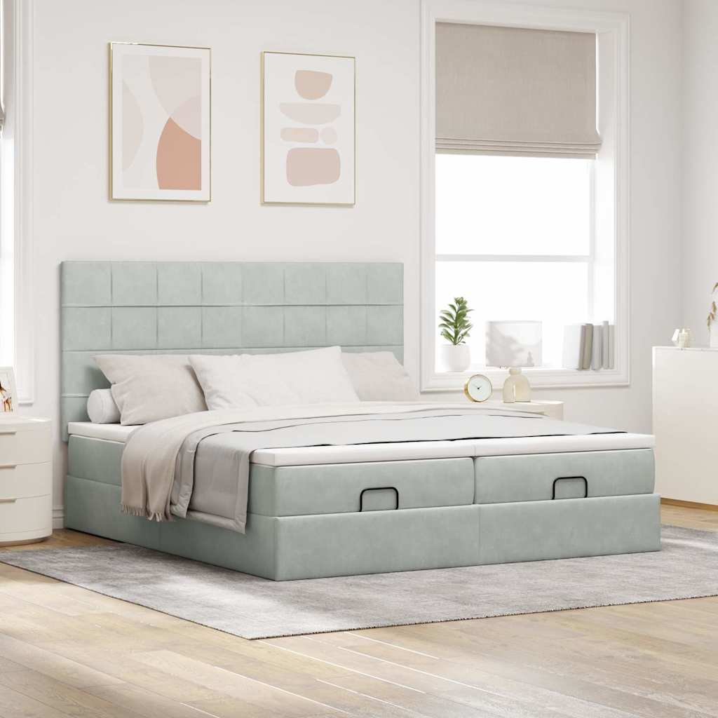 Ottoman-Bett mit Matratzen & LEDs Hellgrau 200x200 cm Samt