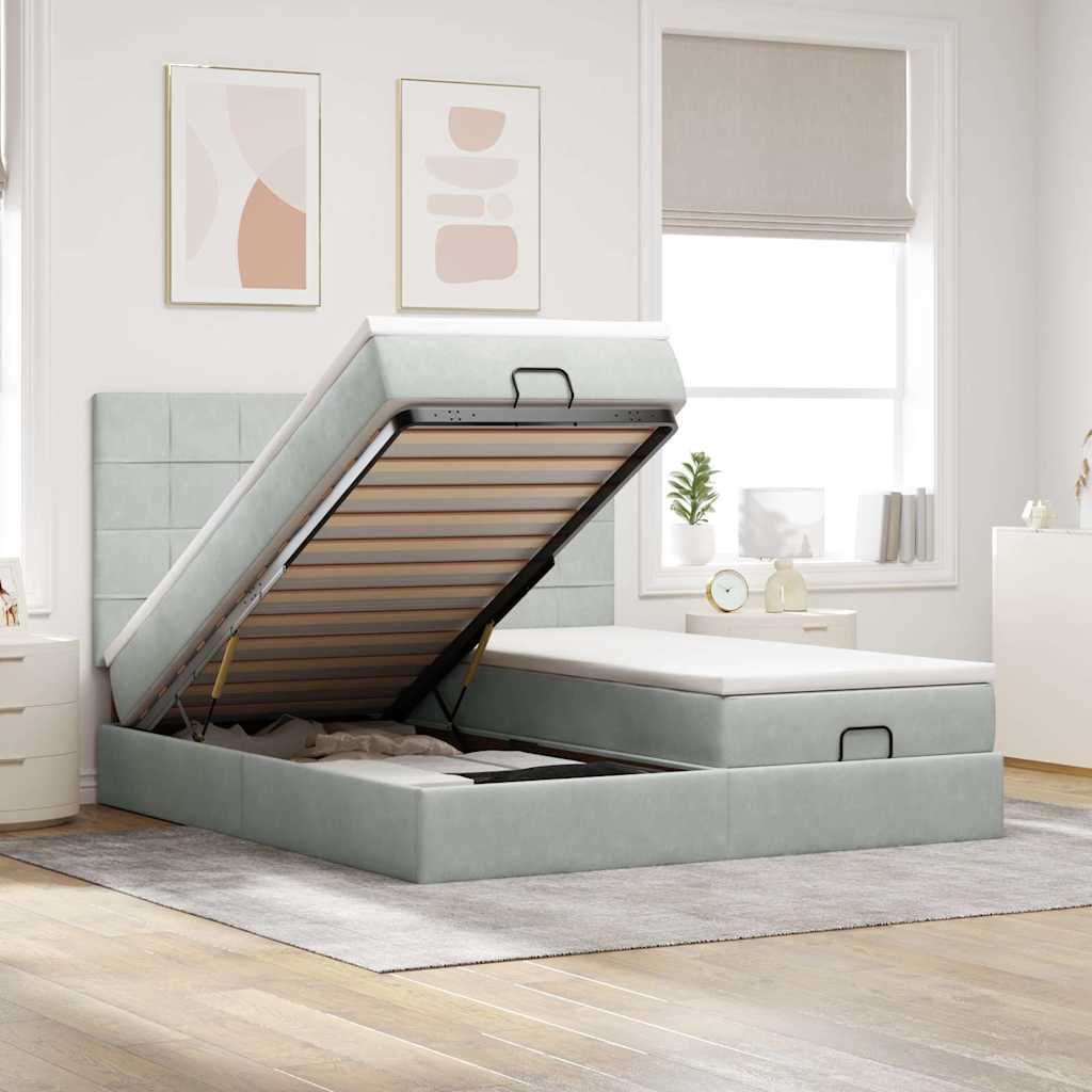 Ottoman-Bett mit Matratzen & LEDs Hellgrau 200x200 cm Samt