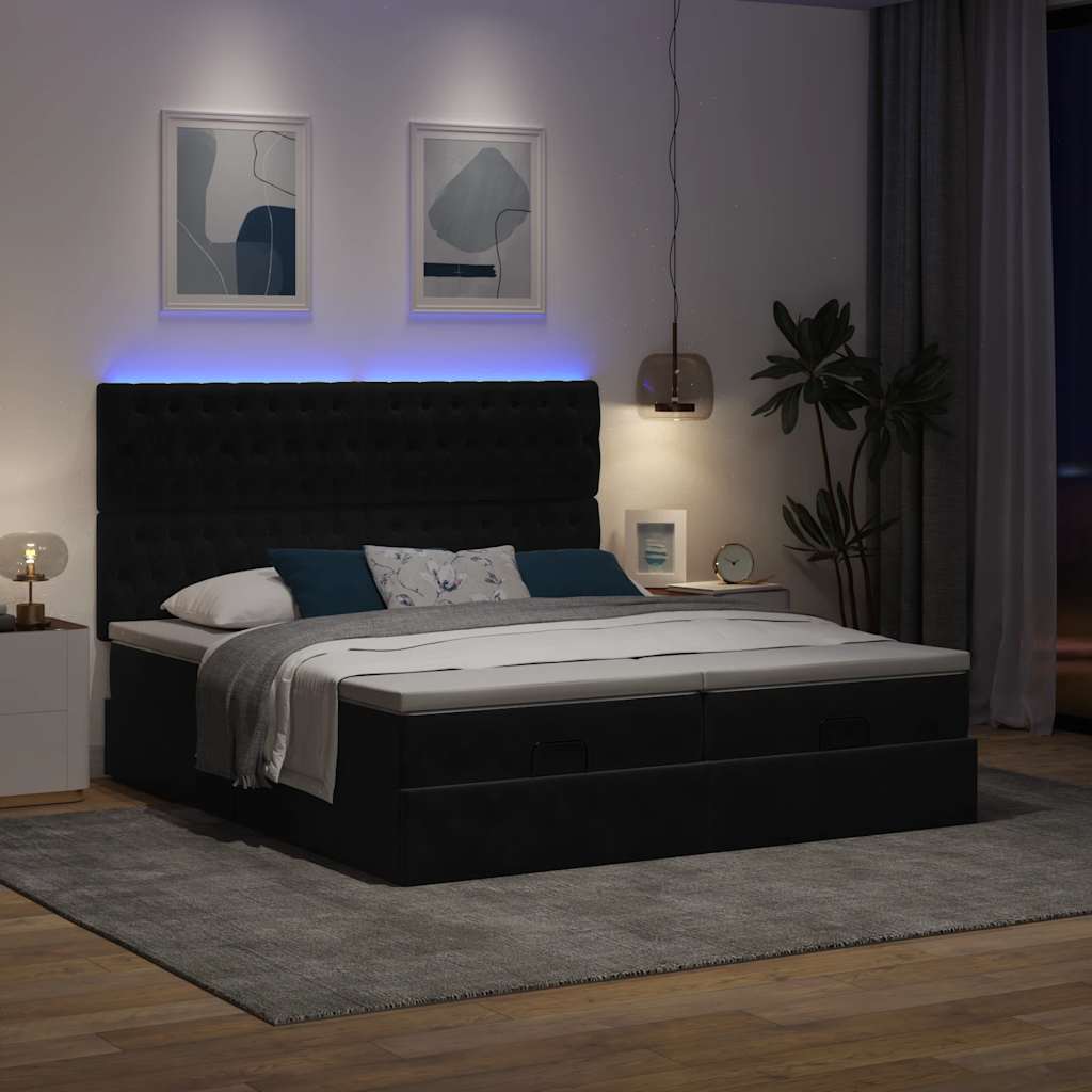 Ottoman-Bett mit Matratzen & LEDs Schwarz 160x200 cm Samt