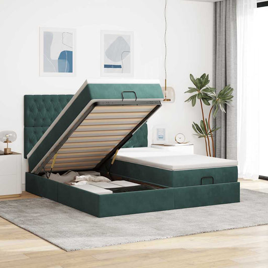Ottoman-Bett mit Matratzen & LEDs Dunkelgrün 200x200 cm Samt