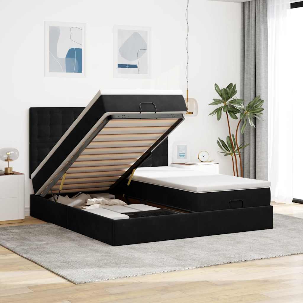 Ottoman-Bett mit Matratzen & LEDs Schwarz 180x200 cm Samt
