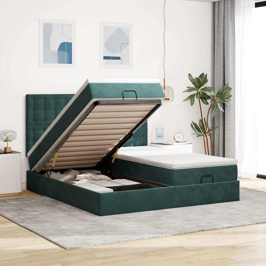Ottoman-Bett mit Matratzen & LEDs Dunkelgrün 180x200 cm Samt
