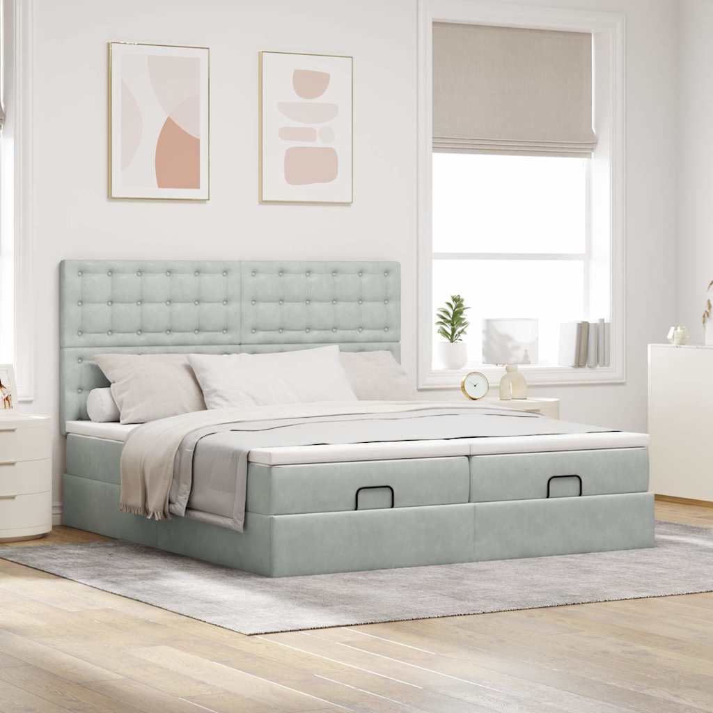 Ottoman-Bett mit Matratzen & LEDs Hellgrau 200x200 cm Samt
