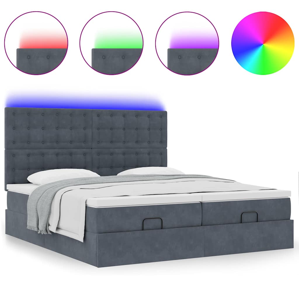 Lit ottoman avec matelas et LED gris foncé 200x200 cm velours