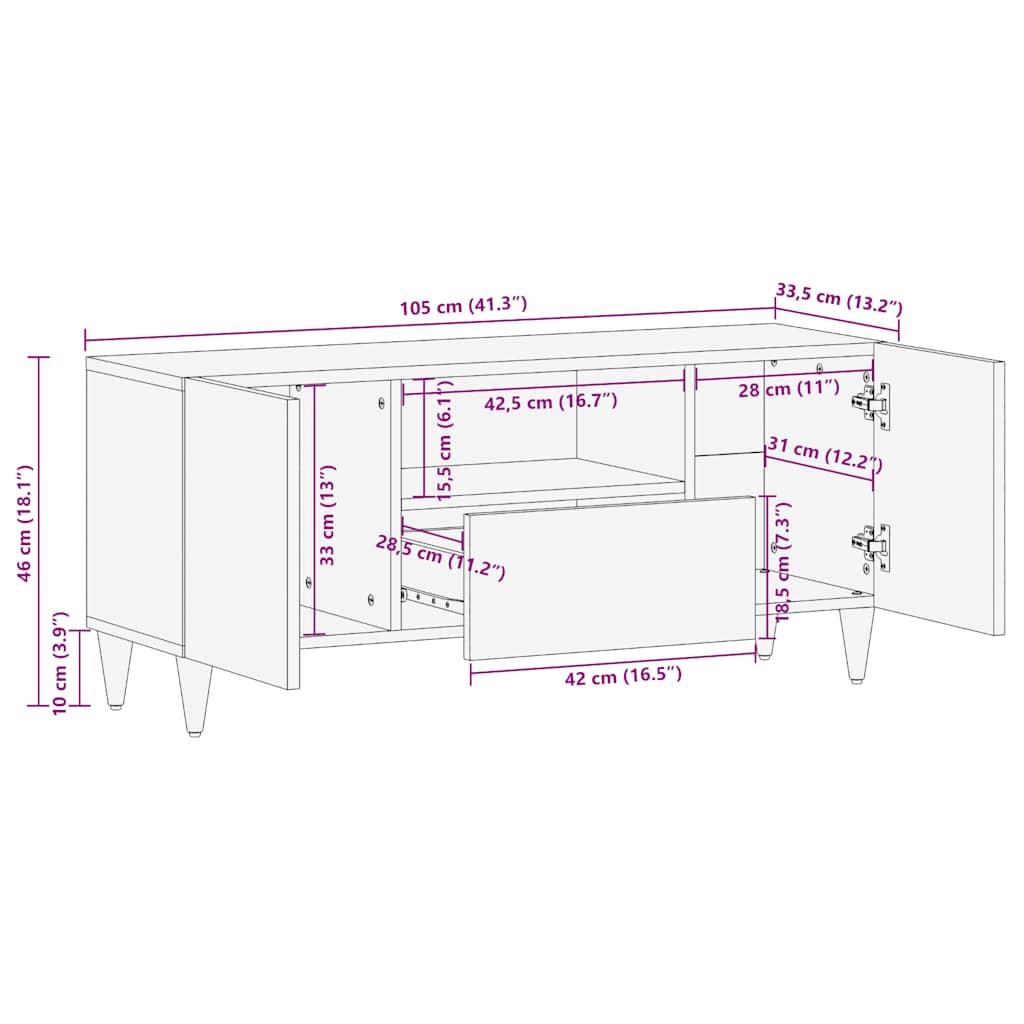 TV-Schrank 105x33,5x46 cm Massivholz Mango