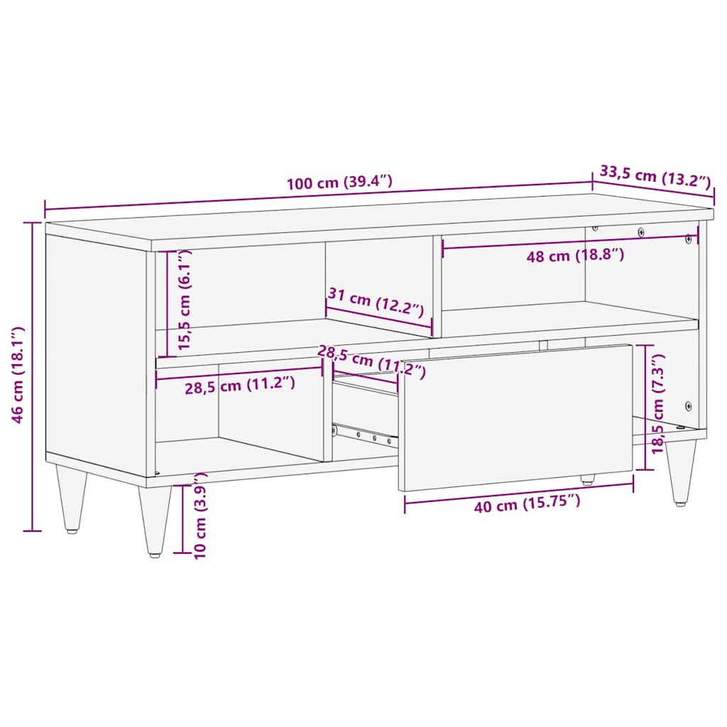 TV-Schrank 100x33,5x46 cm Massivholz Mango