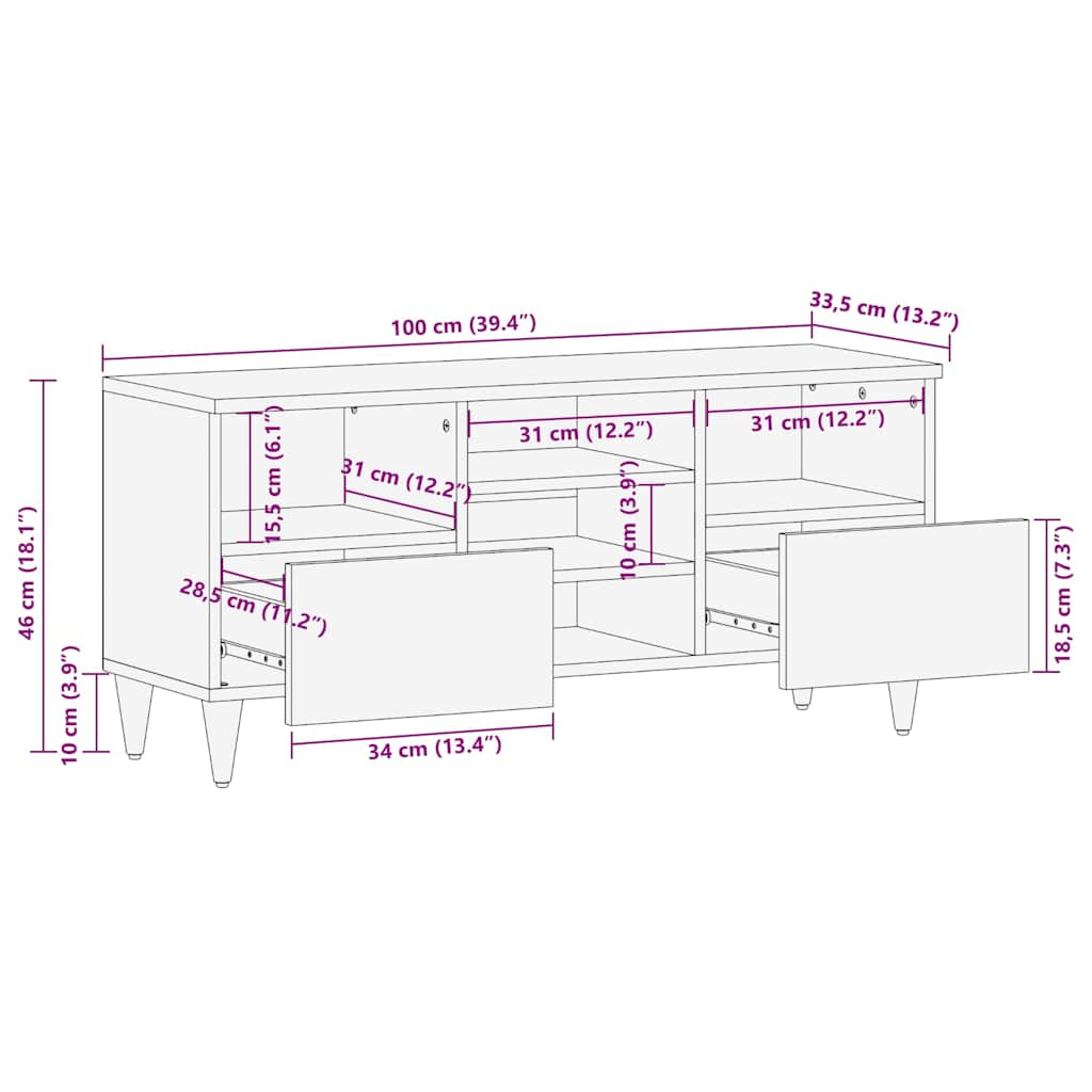 TV-Schrank 100x33,5x46 cm Massivholz Mango