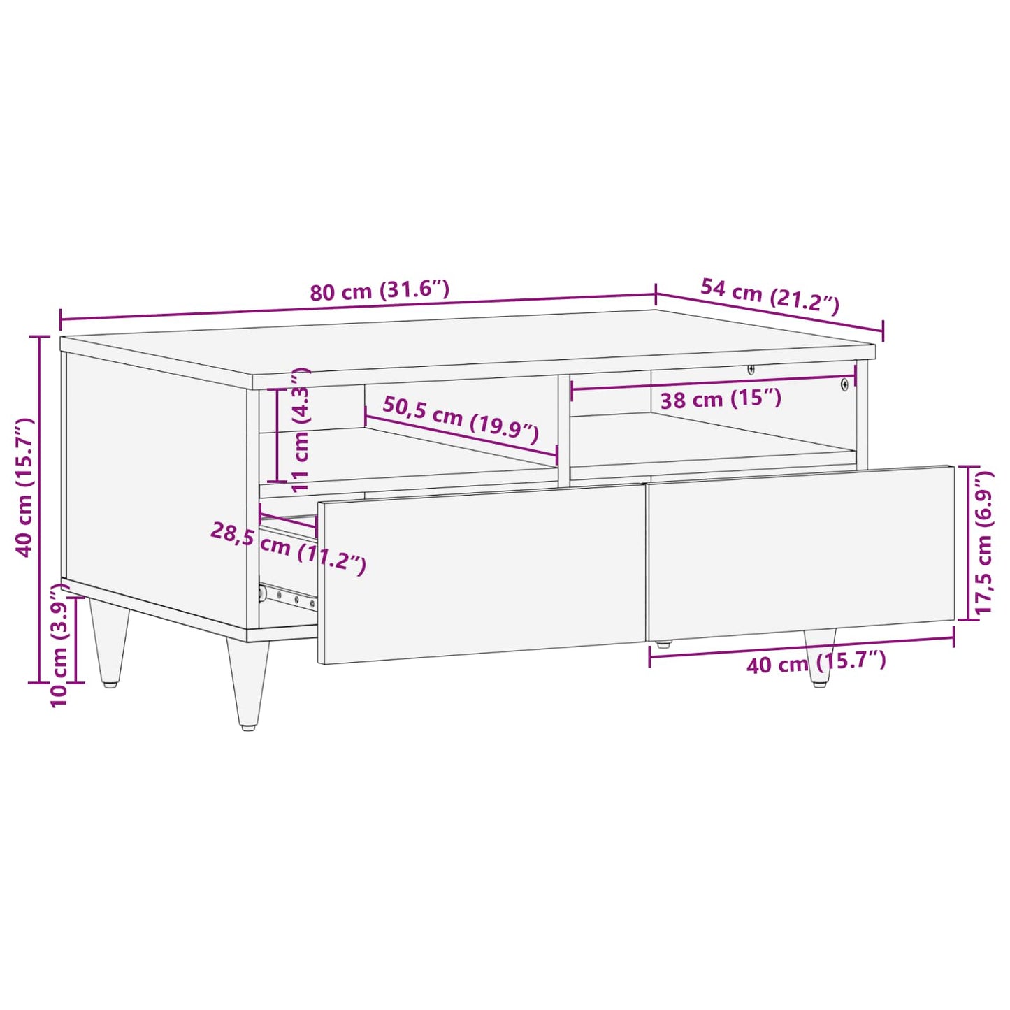 Couchtisch Mehrfarbig 80 x 54 x 40 cm Massivholz Mango