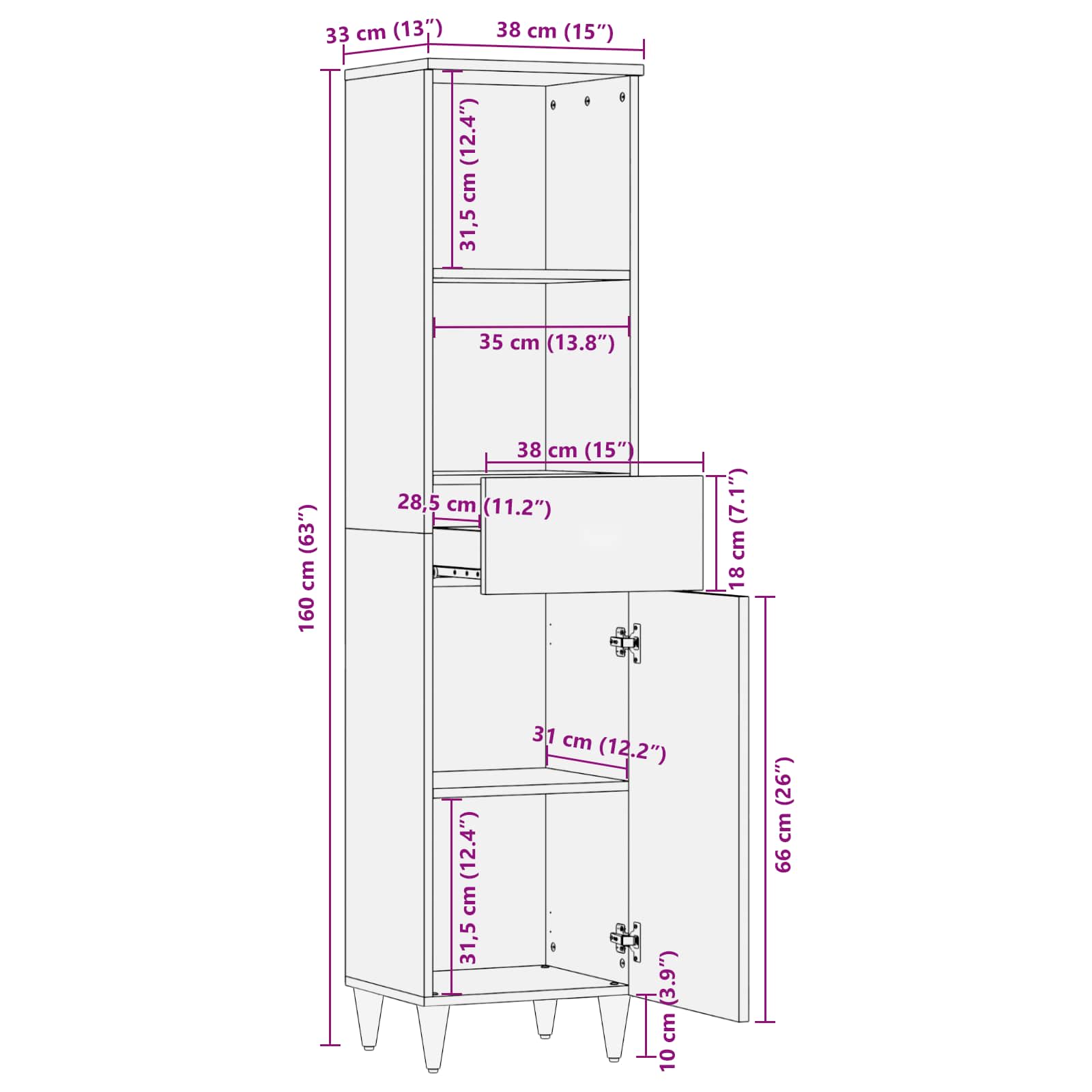 Badezimmerschrank mit Schubladen Mehrfarbig 38 x 33,5 x 160 cm