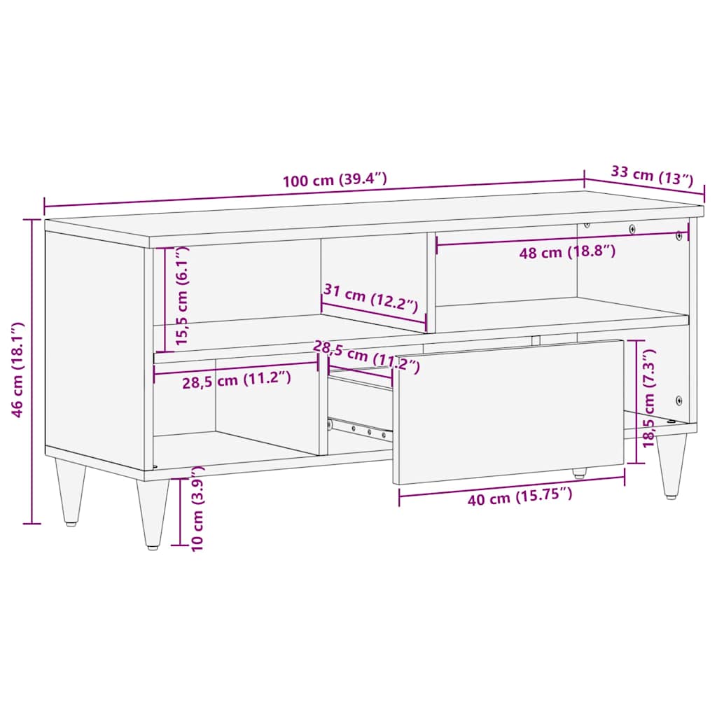 TV-Schränk mit Regal Braun 100 x 33.5 x 46 cm Massivholz Mango