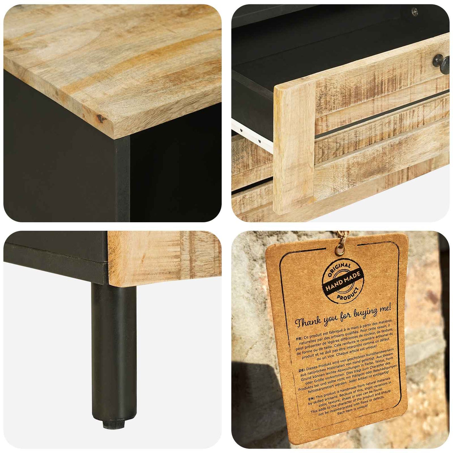 Nachttisch Braun und Schwarz 50 x 33 x 60 cm Massivholz Mango