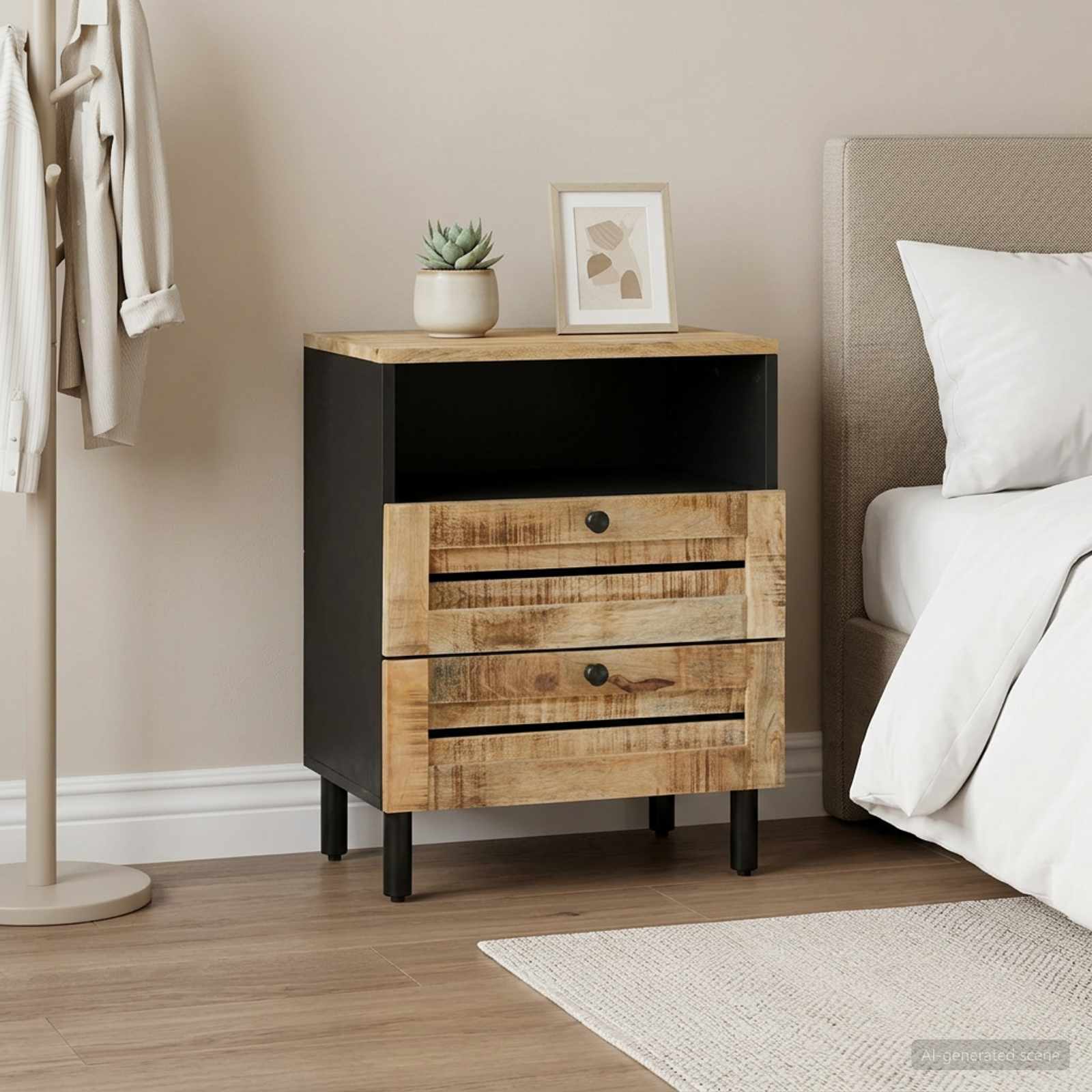 Nachttisch Braun und Schwarz 50 x 33 x 60 cm Massivholz Mango