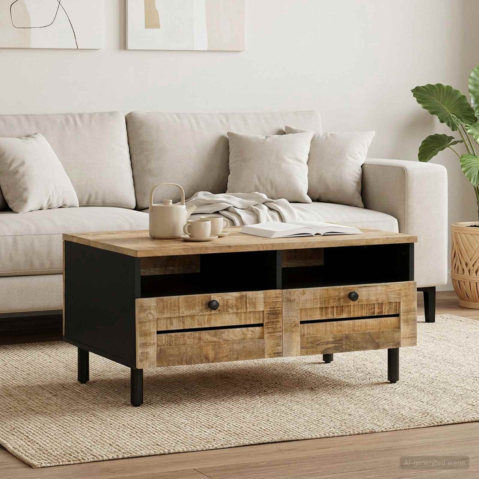 Couchtisch Braun und Schwarz 80 x 54 x 40 cm Massivholz Mango