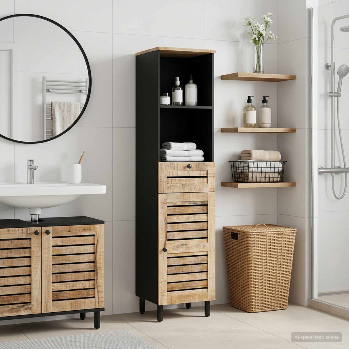 Badezimmerschrank Braun und Schwarz 38 x 33,5 x 160 cm