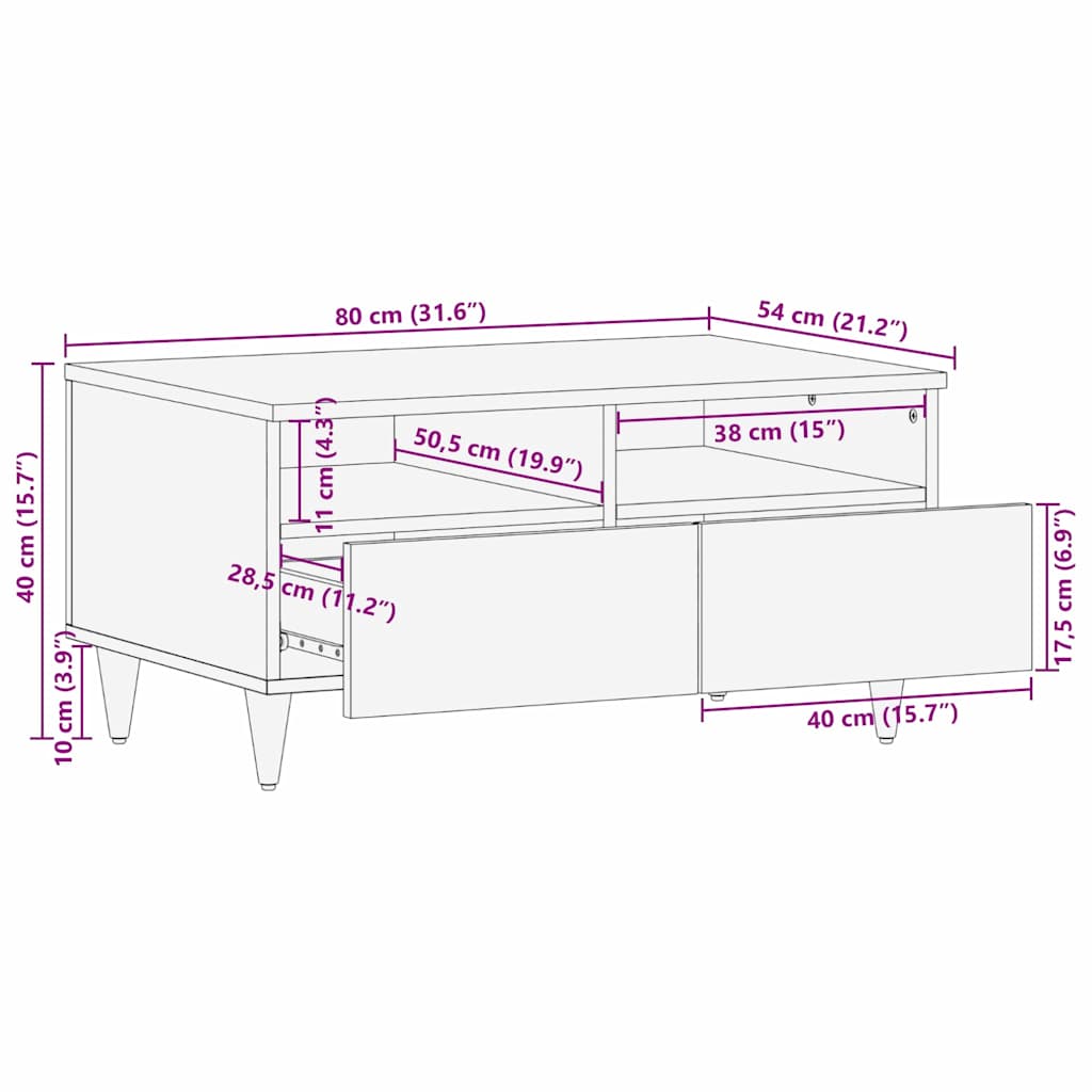 Couchtisch mit Schubladen 80 x 54 x 40 cm Massivholz Mango