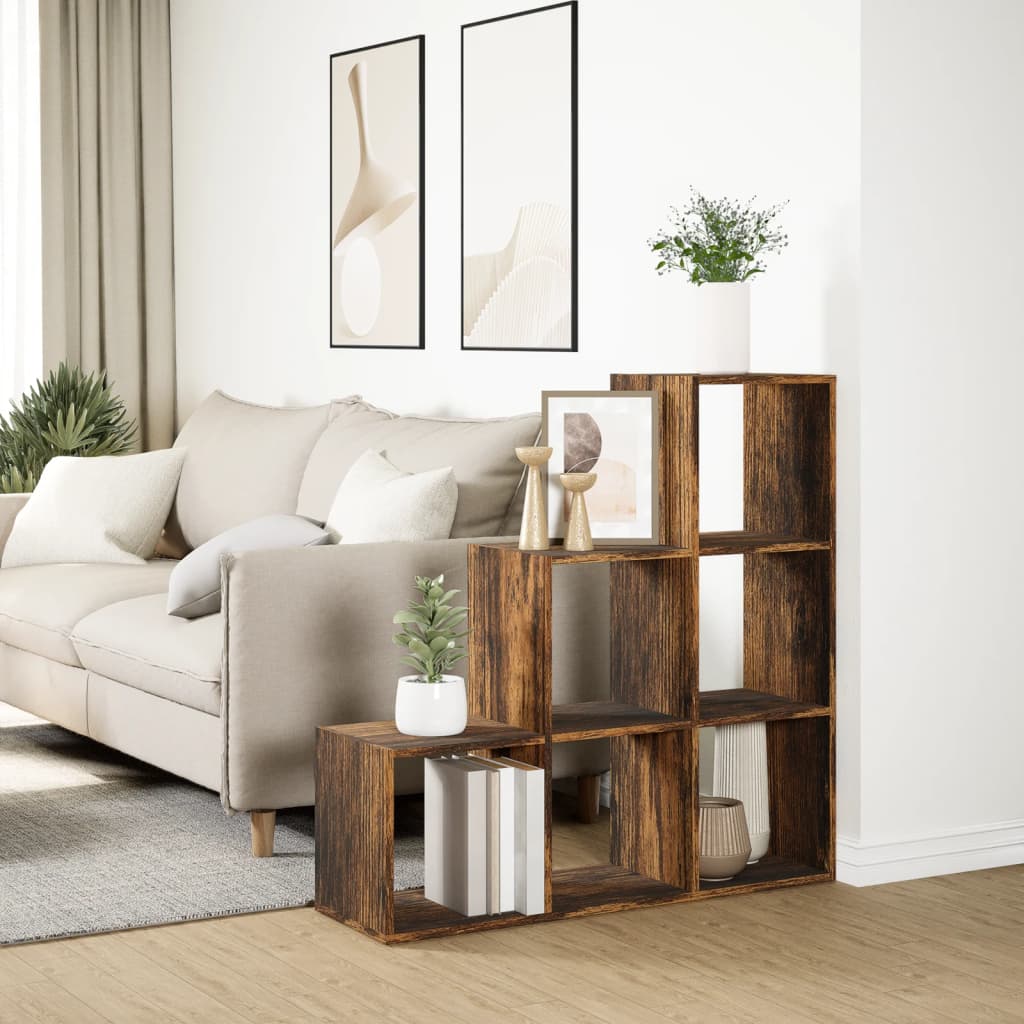 Bibliothèque séparateur de pièce 3 niveaux chêne fumé 99x29x99 cm