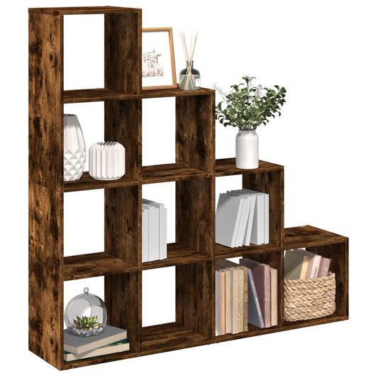 Bibliothèque séparateur de pièce 4 niveaux chêne fumé 131,5x29x131,5 cm