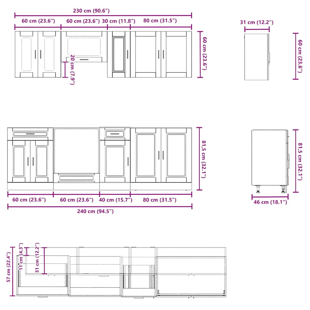 8-tlg. Küchenschrank-Set Porto Schwarz Holzwerkstoff