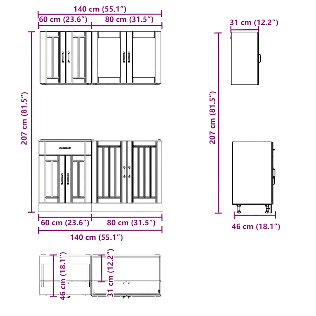 4-tlg. Küchenschrank-Set Lucca Schwarz Holzwerkstoff