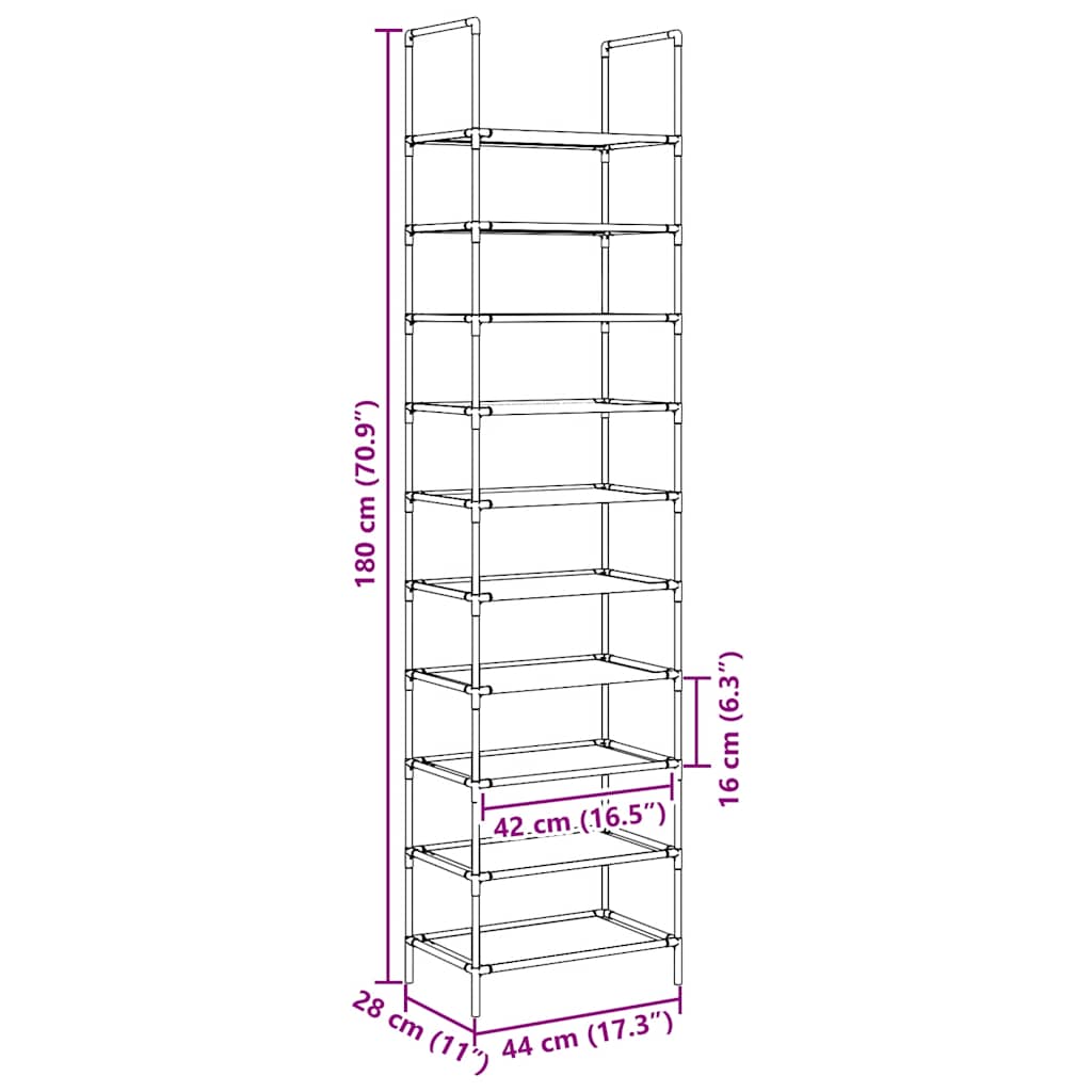 Shoe rack 10-tier black 44x28x180 cm nonwoven fabric
